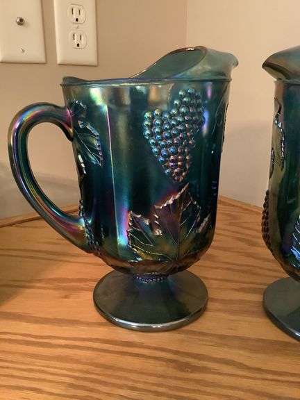 Pair of Carnival Glass Pitchers with Grape Motif