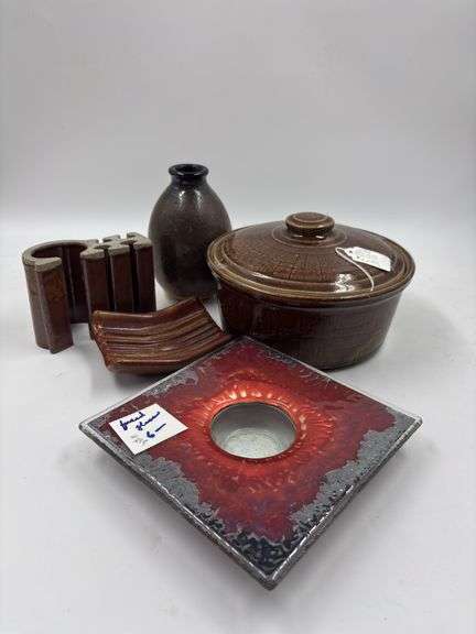 Group of Brown Pottery Items Including Casserole Dish, Vase, Soap Dish and Holder image