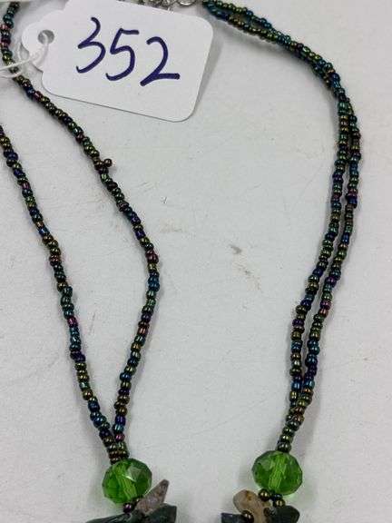 Green Stone and Glass Teardrop Necklace