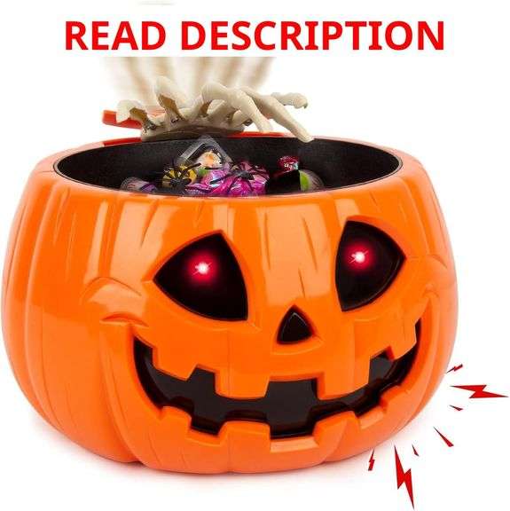 Animatronic Halloween Candy Bowl Decorations - Motion Activated Pumpkin Candy Bowl with Creepy Sound, Skull Hand, Glowing Eyes, for Trick or Treat, Indoor Halloween Party Decoration Candy Bowl image