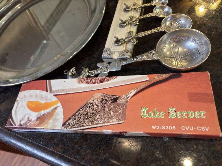 Assorted Silver Plated Serving Pieces: Trays, Spoons, Cake Server and Napkin Rings