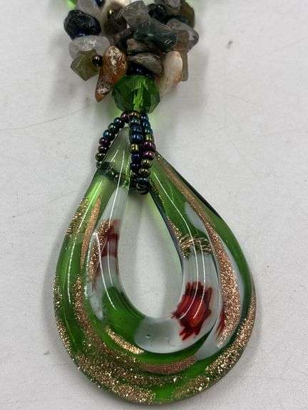 Green Stone and Glass Teardrop Necklace