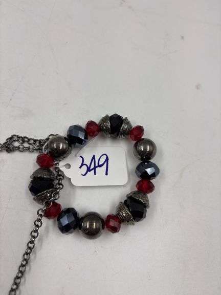 Red and Black Beaded Necklace with Teardrop Pendant and Matching Bracelet