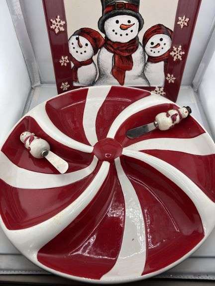 Holiday Serving Set: Snowman Tray, Peppermint Dish with Spreader Knives