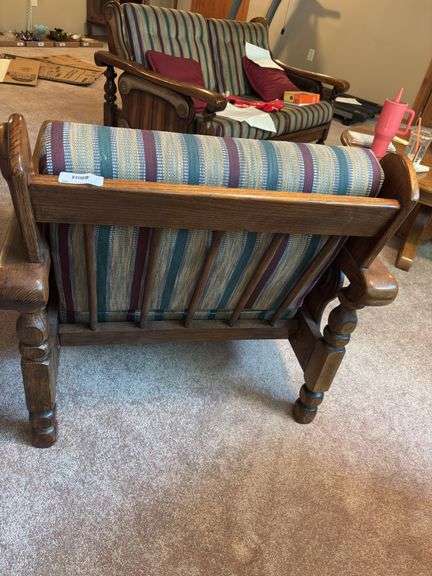 Ornate Solid Wood Armchair with Striped Upholstery