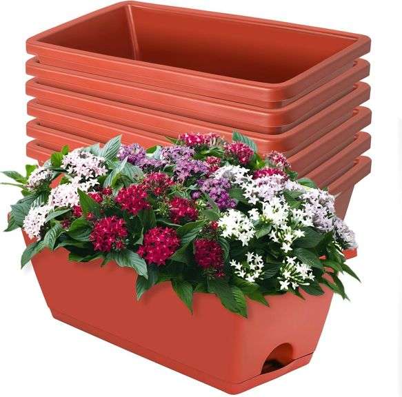 Window Box Planter, 7 Pack Plastic Vegetable Flower Planters Boxes 17 Inches Rectangular Flower Pots with Saucers for Indoor Outdoor Garden, Patio, Home Decor (Brick RED) image