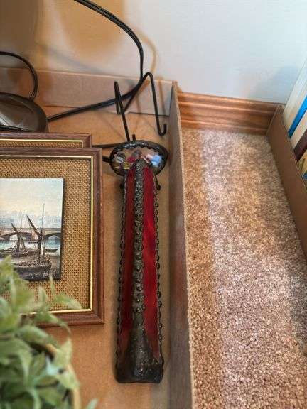 Assorted Decoratives: Eagle Lamp, Framed Print, and Artificial Plants
