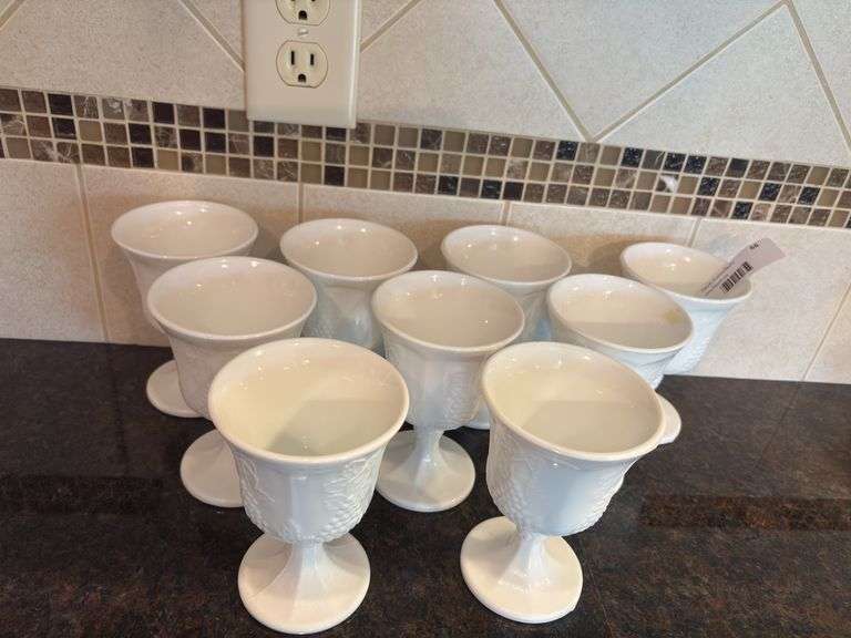 Set of 9 White Milk Glass Goblets with Grape Vine Pattern