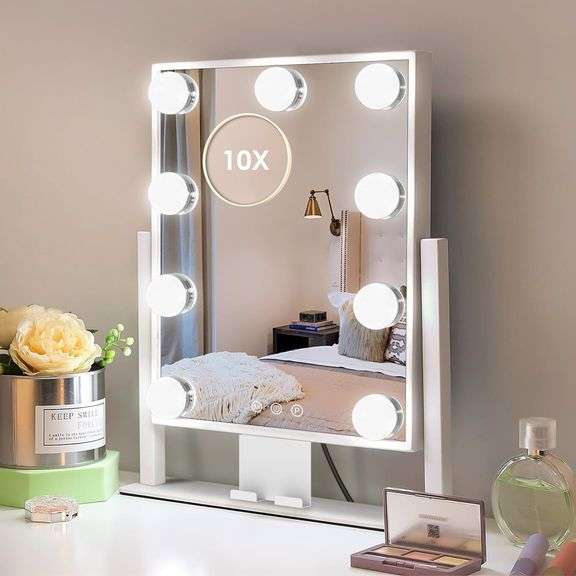 Kottova Lighted Makeup Mirror, Hollywood Vanity Mirror with Lights, Three Color Modes, with Detachable 10x Zoom Mirror, Smart Touch Control, Metal Frame, 360 Rotation 14.5in,White image