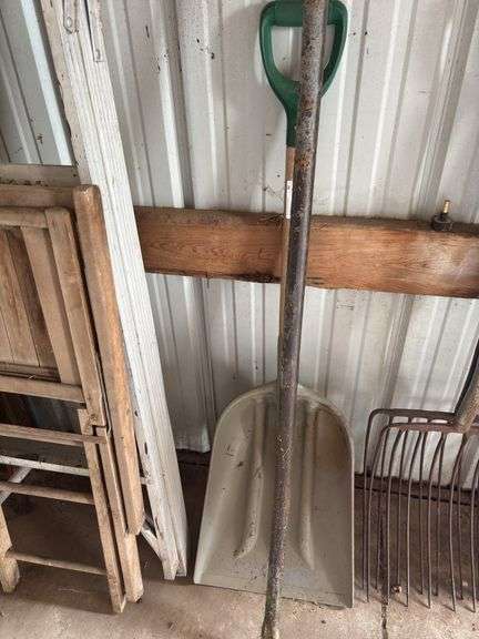 Assorted Farm & Garden Tools: Shovel, Pitchfork, Ladder, & Folding Chair image