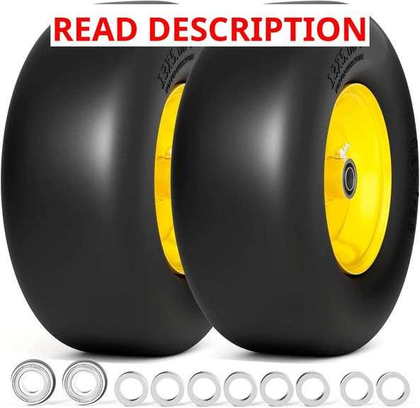 13x5.00-6 Flat Free Lawn Mower Tire, Zero Turn Mower Front Tires, 13x5x6 Solid Mower Wheel for Residential and Commercial, 3/4" & 5/8" Bearing, 3.25"-5.9" Center Hub, 2Pack Yellow, 500Lbs image