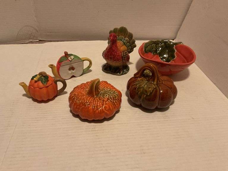 Ceramic Fall Harvest Decor Lot - Teapots, Pumpkins, Turkey, and Apple Bowl