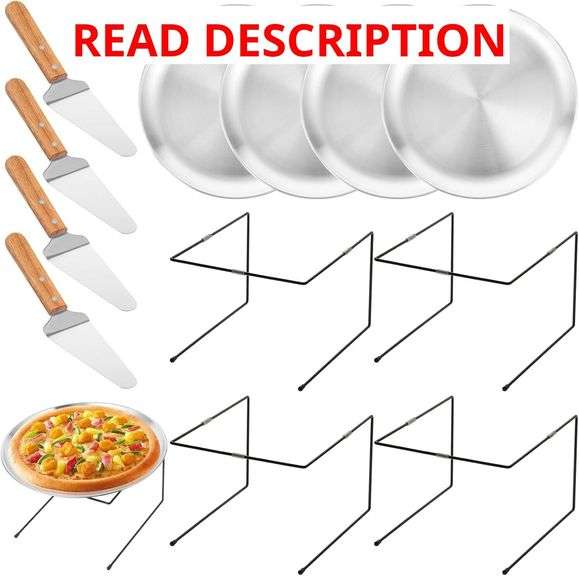 12 Pcs Pizza Pan Riser Stands Sets Includes 4 Metal Pizza Table Stands 4 Pizza Pan and 4 Wood Handle Pie Server, Pizza Rack Stand Pizza Tray for Pizza Dessert Cheese (Silver)
