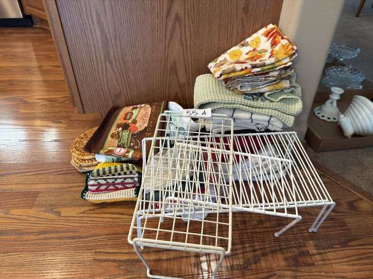 Kitchen towels, hot pads, plastic racks