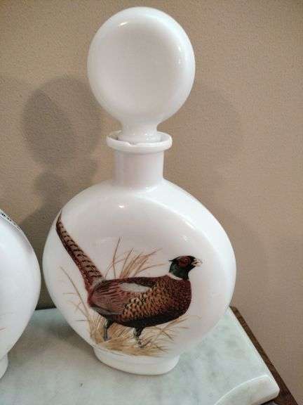 Pair of Milk Glass Decanters with Pheasant Design