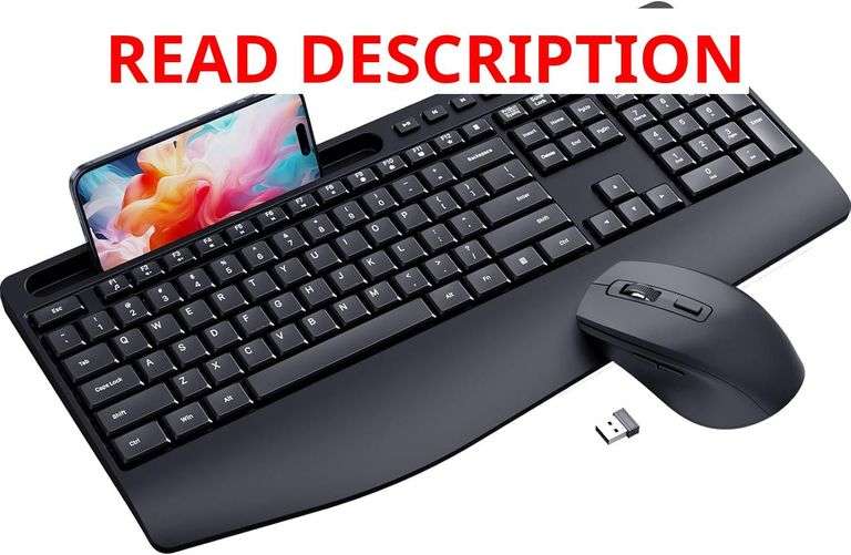 Ergonomic Wireless Keyboard and Mouse Combo,LIZRROT 2.4GHz Silent Full-Size Mouse and Keyboard,Wrist Rest,Phone Holder,Compatible with Windows, PCs, Laptops image
