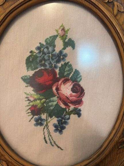 Framed Needlepoint Floral Art and Footstools