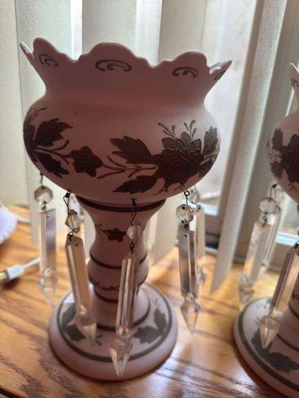 Pair of Floral Decorated Vanity Lamps with Crystals