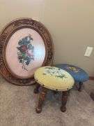 Framed Needlepoint Floral Art and Footstools