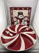 Holiday Serving Set: Snowman Tray, Peppermint Dish with Spreader Knives
