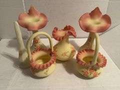 Fenton Style Hand Painted Rose Decorated Vases and Baskets (5 pieces)