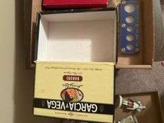 Mixed Lot: Cigar Box, Coin Book, Tools, and More