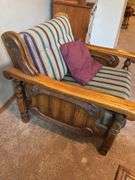 Ornate Solid Wood Armchair with Striped Upholstery