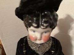 Victorian Era China Head Doll with Feathered Hat