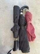 Box Lot with Three Umbrellas, Pair of Patterned Slip-On Shoes Size 6, Work Gloves, AAA Atlas
