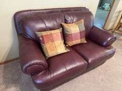 Burgundy Leather Loveseat with Throw Pillows