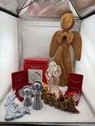 Christmas Decor Lot: Waterford Ornaments, Wooden Angel, Nativity Scene Figurines, & More
