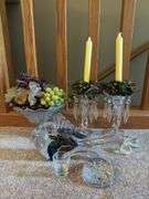 Assorted Glassware Collection - Candlesticks, Bowl, Shot Glass, Figurine and Paperweight