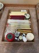 Box Lot: Candles, Strawberry Jar, and Small Pitcher