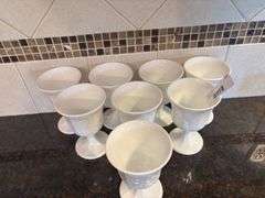 Set of 8 White Milk Glass Goblets with Grape Design