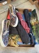 Box Lot with Three Umbrellas, Pair of Patterned Slip-On Shoes Size 6, Work Gloves, AAA Atlas