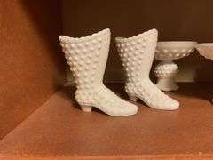 Collection of Milk Glass Vases, Bowls, Booties, Mugs and Candlestick Holders