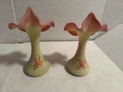 Fenton Style Hand Painted Rose Decorated Vases and Baskets (5 pieces)