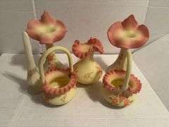 Fenton Style Hand Painted Rose Decorated Vases and Baskets (5 pieces)