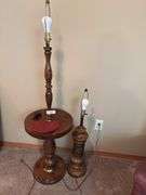 Pair of Wooden Lamps with Side Table and Carved Frog