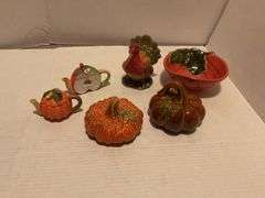 Ceramic Fall Harvest Decor Lot - Teapots, Pumpkins, Turkey, and Apple Bowl