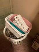 Assorted Household Items: Glass, Baskets, and Picture Hangers