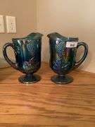 Pair of Carnival Glass Pitchers with Grape Motif