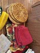 Kitchen towels, hot pads, plastic racks
