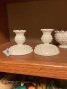 Collection of Milk Glass Vases, Bowls, Booties, Mugs and Candlestick Holders