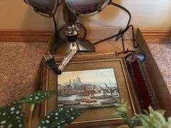 Assorted Decoratives: Eagle Lamp, Framed Print, and Artificial Plants
