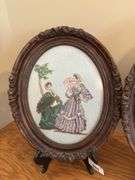 Pair of Oval Framed Needlepoint Pictures - Victorian Ladies