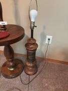 Pair of Wooden Lamps with Side Table and Carved Frog