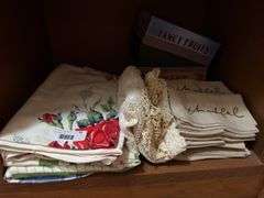 Assorted Table Linens, Napkins, and Decorative Boxes