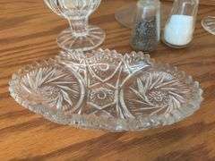 Pressed Glass Collection: Centerpiece, Candlestick, Salt & Pepper Shakers, and Dishes