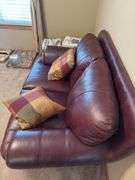 Burgundy Leather Loveseat with Throw Pillows